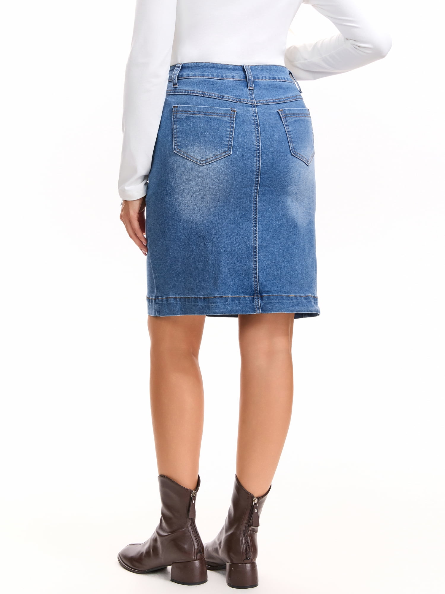 DARING DIVA Women's Denim Pencil Knee Length Stretchy Fit Skirt L Sky Blue