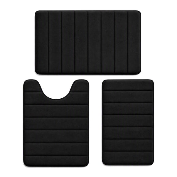 Black Memory Foam Bathroom Rug Set 3 Piece, Non Slip Extra Soft Absorbent Washable & Dry Toilet Bath Mat Sets