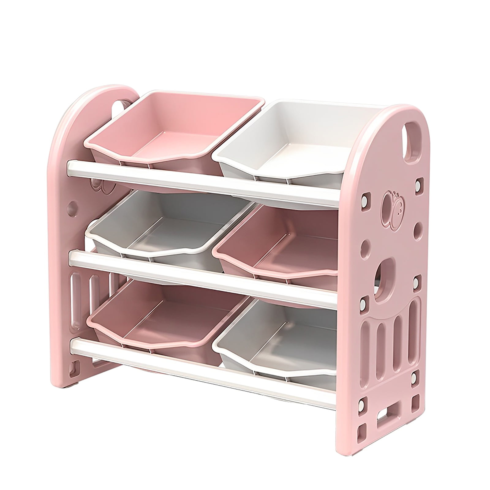 PORKISS Kids Toy Organization Bookcase with 6 Bins, Multi-functional Nursery Storage Organizer Bookshelf with HDPE Shelf for Children's Room Playroom, Pink