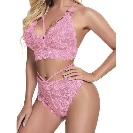

Women Lingerie Set Crochet Sheer Push-Up Bra with Middle Waist Strappy Panty Suit