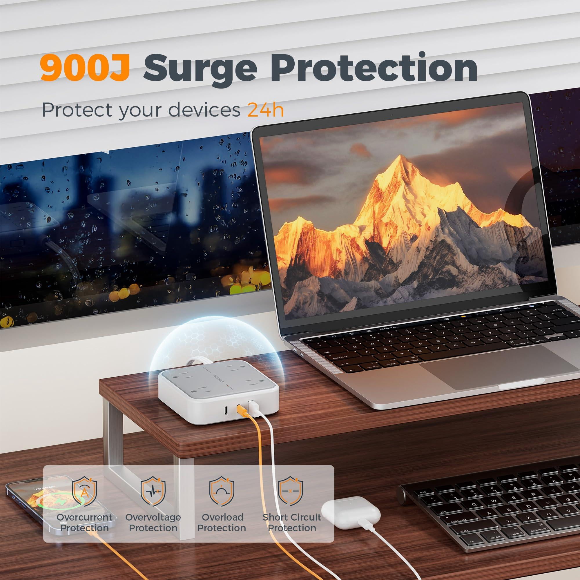 Surge Protector Flat Extension Cord 5ft  Plug Power Strip With 4 Outlets 3 Usb Ports (2 C) 900 Joules Protection Multiple Wall Outlet Extender Suitable For Home Office Dorm Grey
