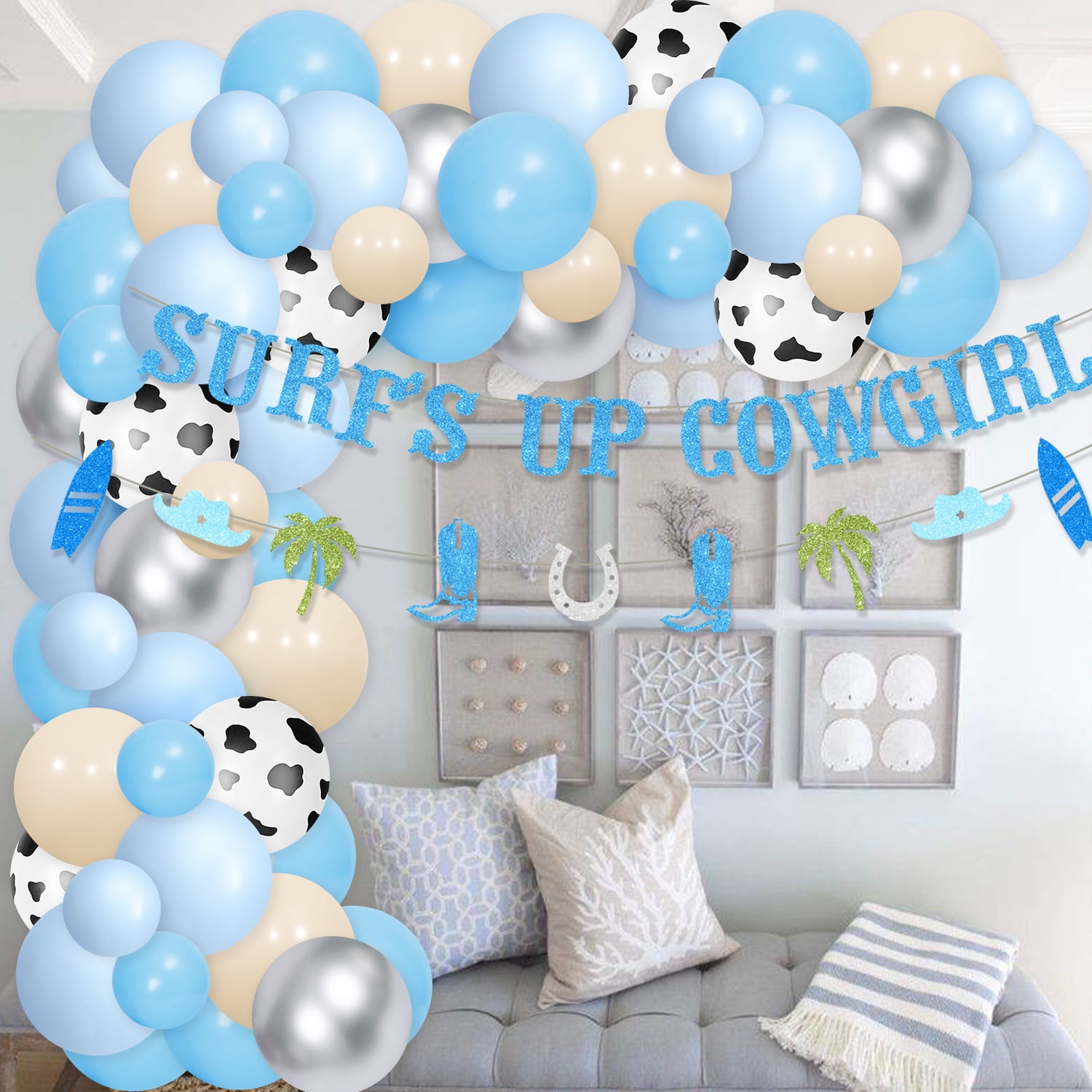 Bachelorette Party Decorations- Blue Silver Coastal Cowgirl Party Decorations, Surfs Up Cowgirl Banners, Coastal Cowgirl Foil Balloon Banner Blue Balloon Arch Kit for Bridal Shower Engagement Wedding