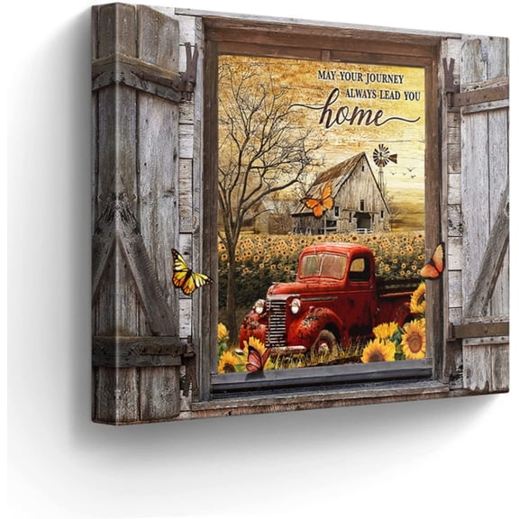 VELVET Farmhouse Canvas Wall Art Red Old Trucks Picture Kitchen Wall Decor Rustic Sunflowers Country Painting for Bedroom Bathroom Living Room Prints Artwork 20x16inch Framed