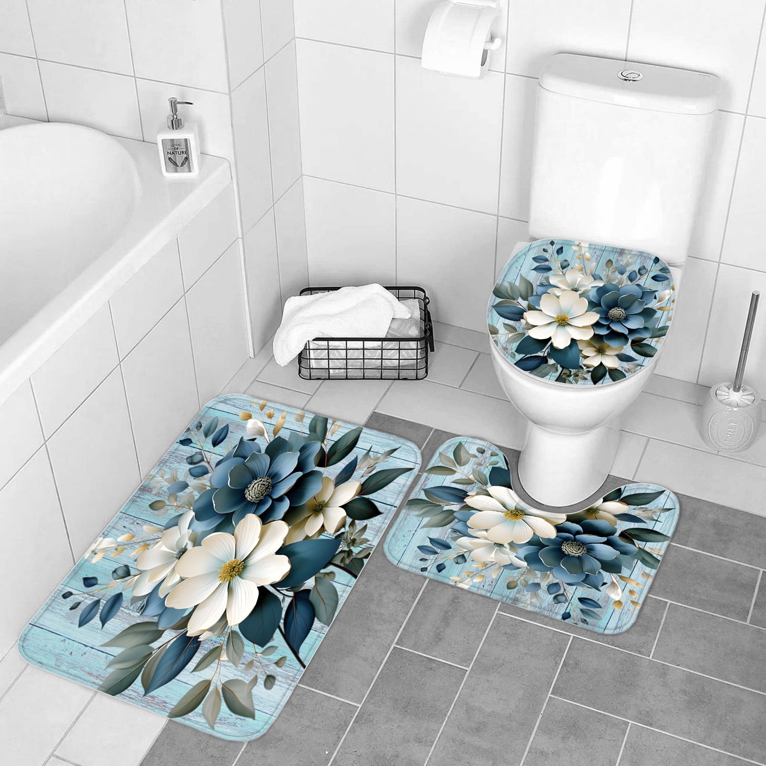 LVRLVR 1/4 Teal Floral & Distressed Blue Wood Fabric Shower Curtain Rug Set - 3D Flower Bath Mat Bathroom Decoration,Teal, 70.8" × 70.8"