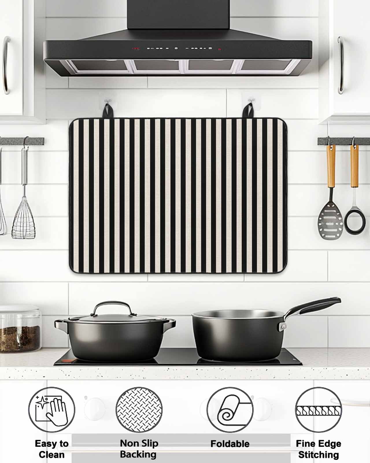 Stove Top Covers for Electric Stove, Black Striped Glass Stovetop Cover Protector, Modern Simple Farmhouse Beige Vintage Induction Cooktop Protector Oven Mat for Kitchen Countertop 24"x21"