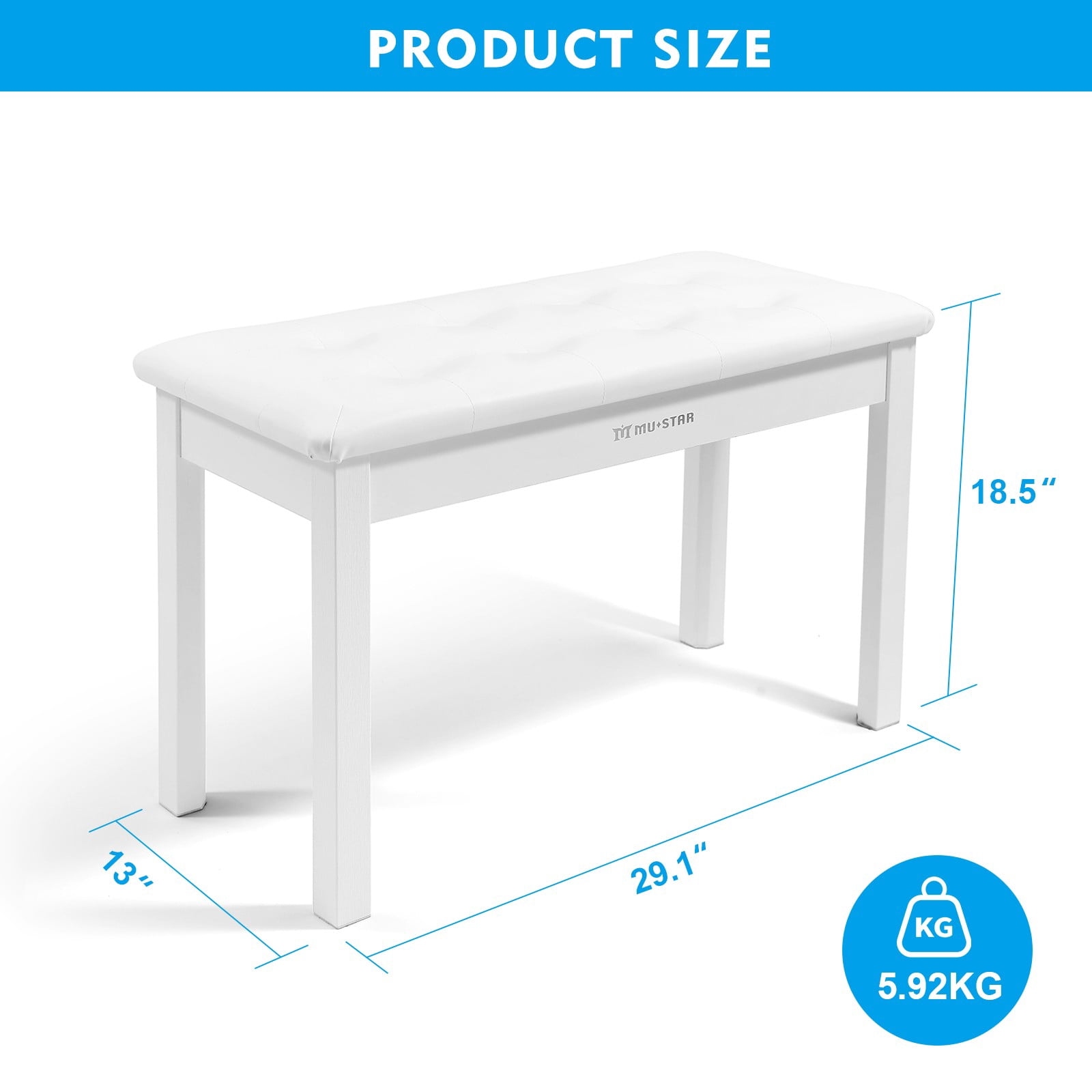 Mustar Duet Piano Bench Wood Stool with Storage, Padded Cushion for Keyboard Piano (White)