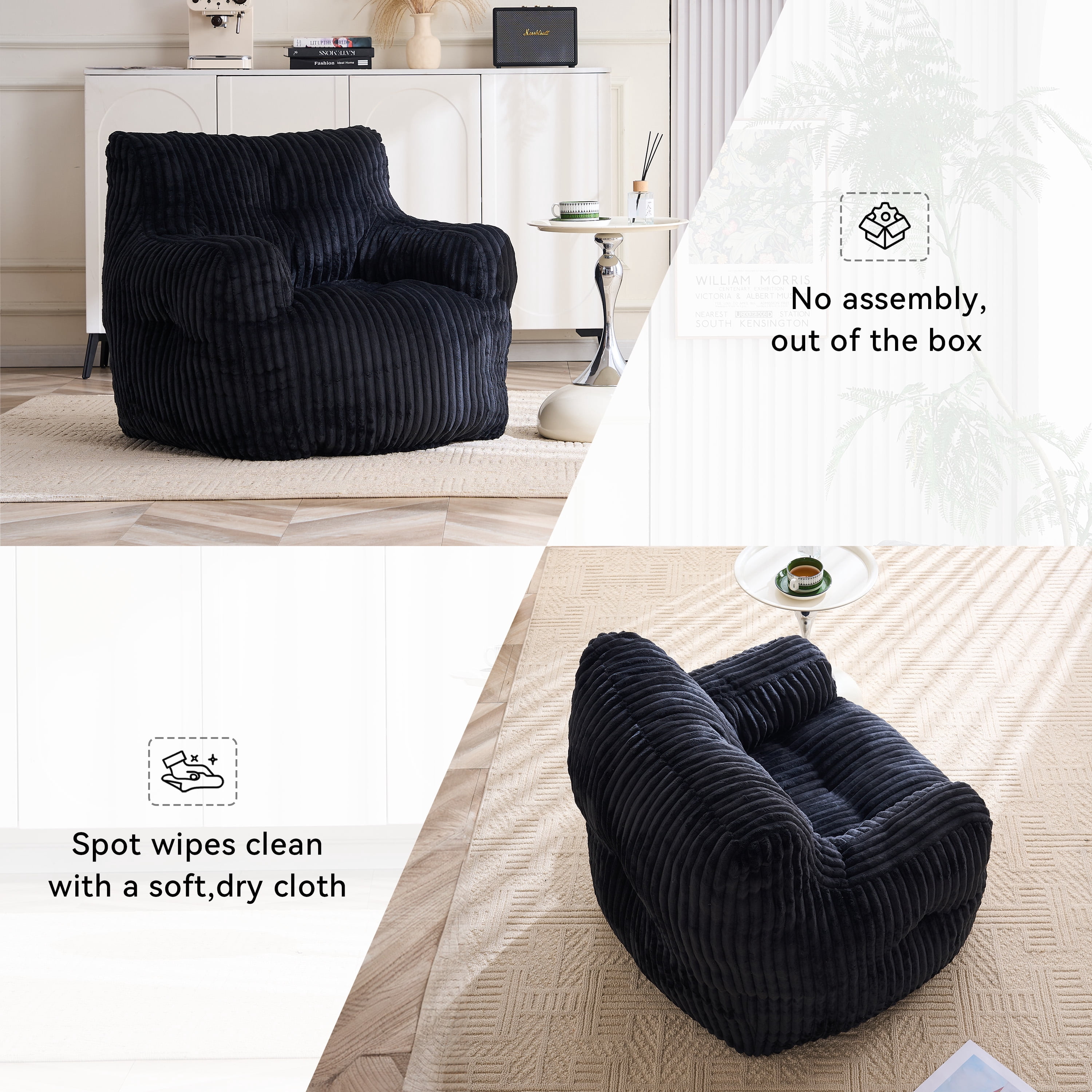 Soft Fluffy Corduroy Fabric Bean Bag Chair Filled With Memory Sponge,Black