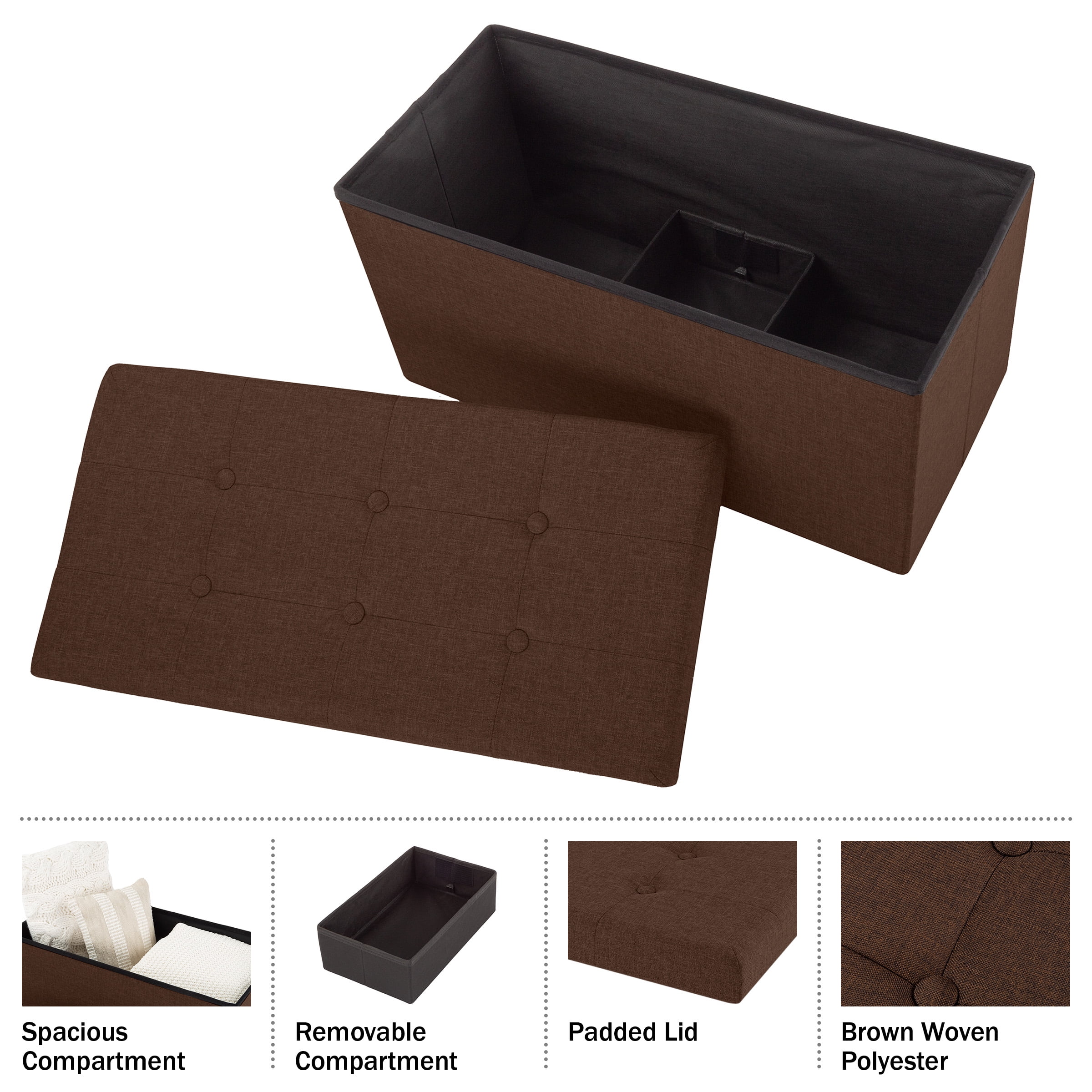 Lavish Home 30-Inch Folding Storage Ottoman with Removable Bin (Brown)