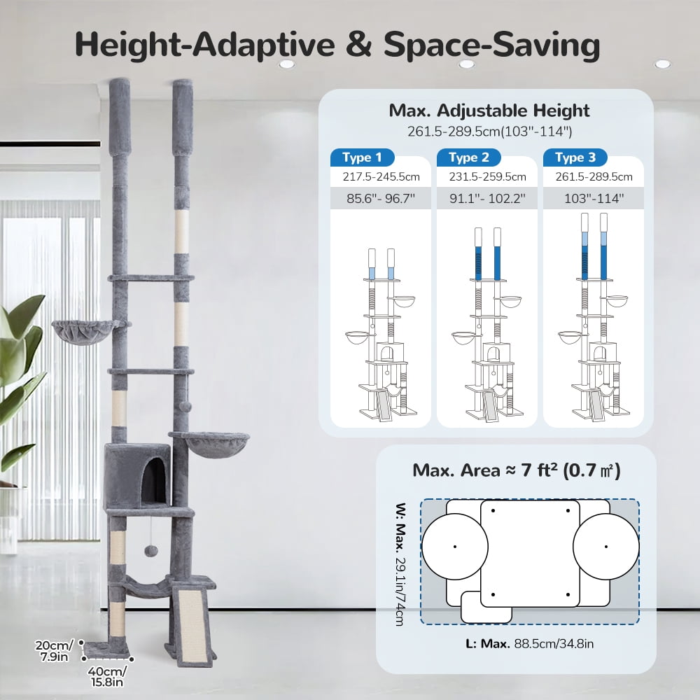 Floor to Ceiling Cat Tree, DOMIPET 85.6"-114"  Adjustable Height Cat Tower  7-Level Tall, Furniture Climbing Cat Scratching Post Tower