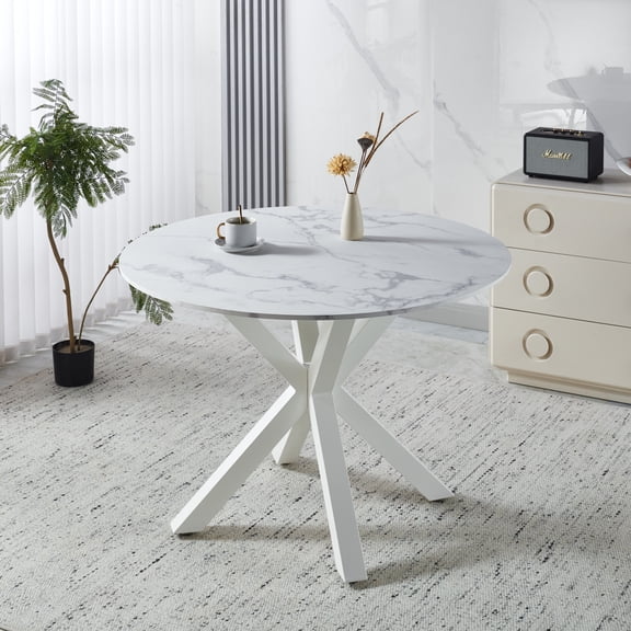 Youmumeub 42" Round Mid-Century Dining Table, White Marble Look MDF Top, Metal Pedestal Cross Legs, Seats 4-6 People, Easy Clean Kitchen Table