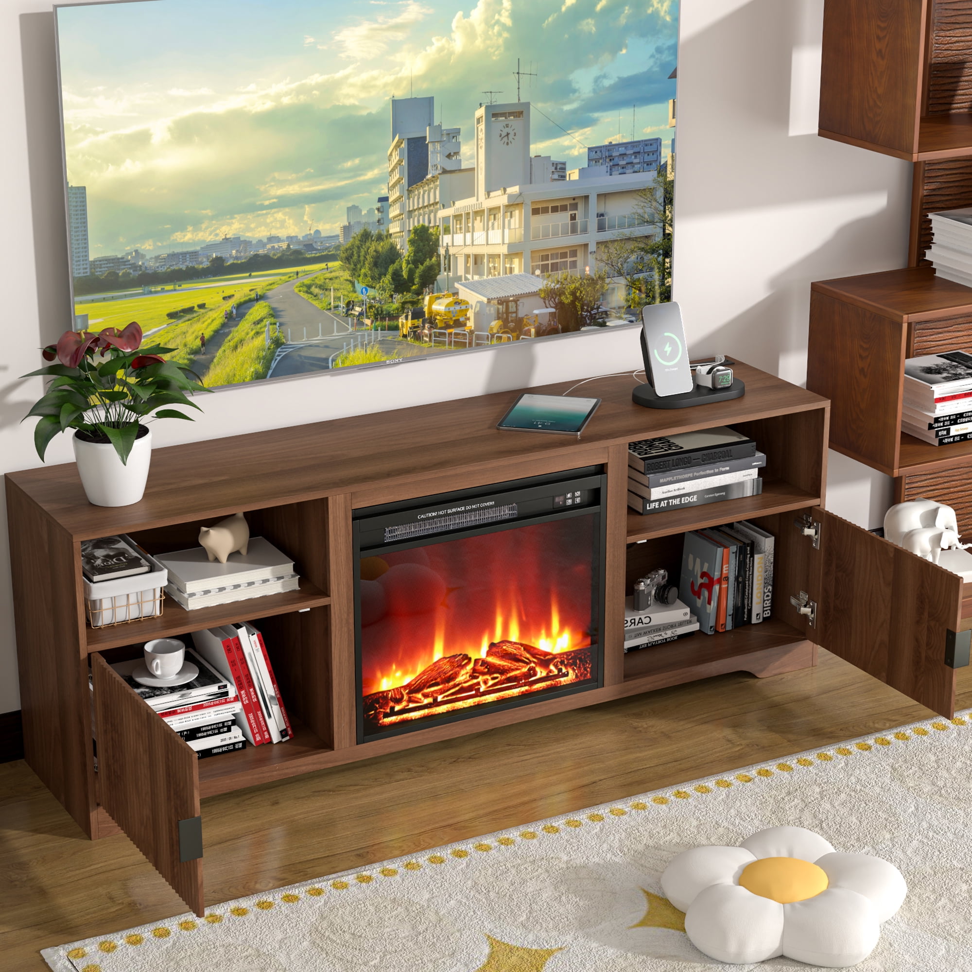 LUCKYELF Fireplace TV Stand, Entertainment Center for TVs up to 80", Wood Media Console for Living Room, Bedroom, Walnut
