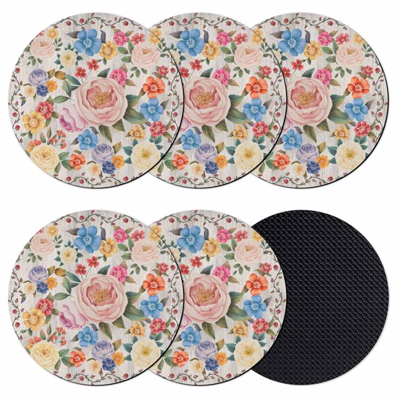 Boho Pink Flowers Coasters Set of 6, Absorbent Coasters for Drinks, Colorful Floral Spring Vintage Botanical Coaster for Desk Coffee Table Protection, Home Decor House Warming Gifts 4"