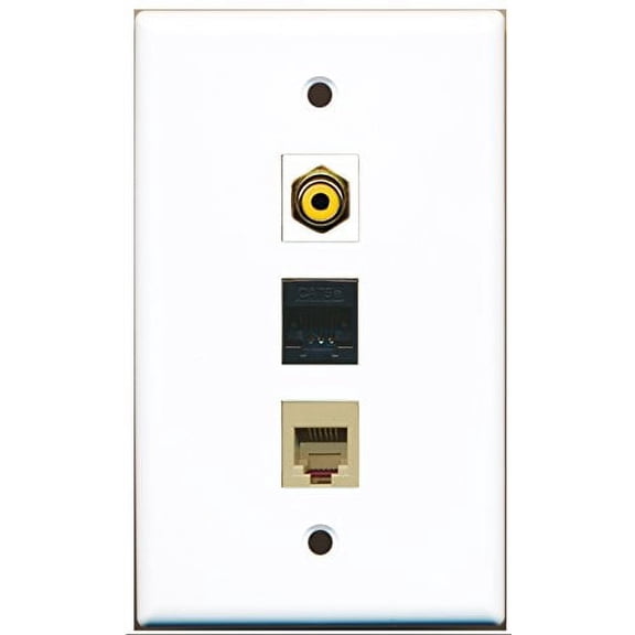 RiteAV - 1 Port RCA Yellow and 1 Port Phone RJ11 RJ12 Beige and 1 Port Cat5e Ethernet Black Wall Plate