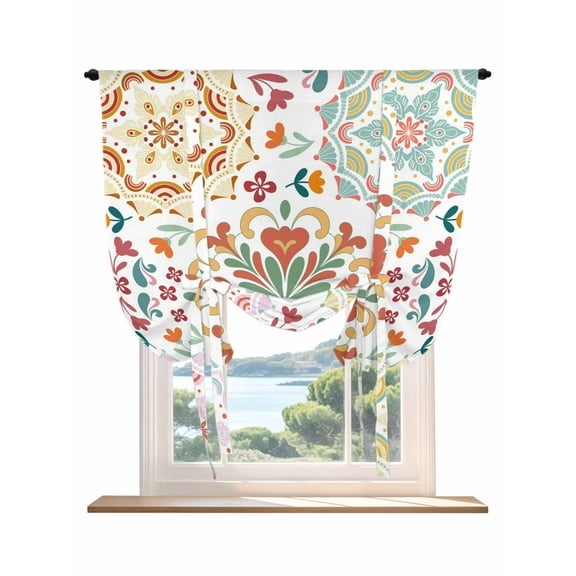 White Boho Tie Up Curtains for Windows 45 Inch Length Balloon Curtains Kitchen Adjustable Balloon Window Shade Retro Ethnic Colorful Flower Aesthetic Art Tie Up Bathroom Curtain Window 34"x45"