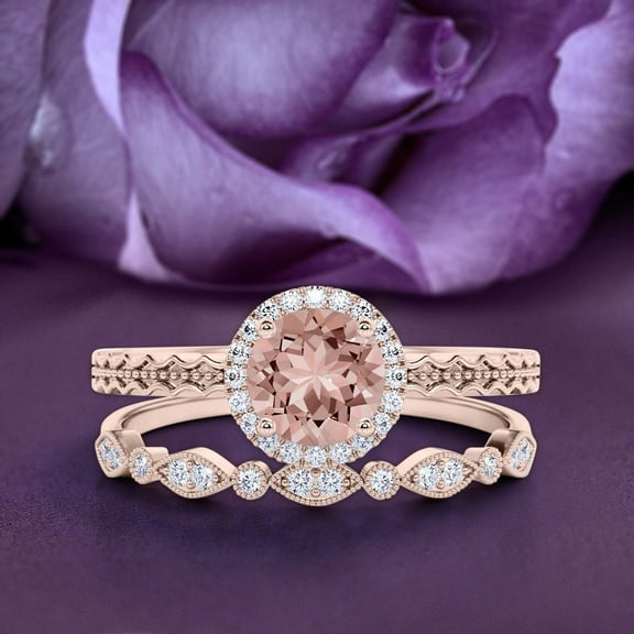 Art nouvea 1.80 Carat Round Cut Morganite And Diamond Moissanite Engagement Ring Set, Bridal Rings, Wedding Ring in 925 Sterling Silver With 18k Rose Gold Plating, Engraving Ring, Promise Ring