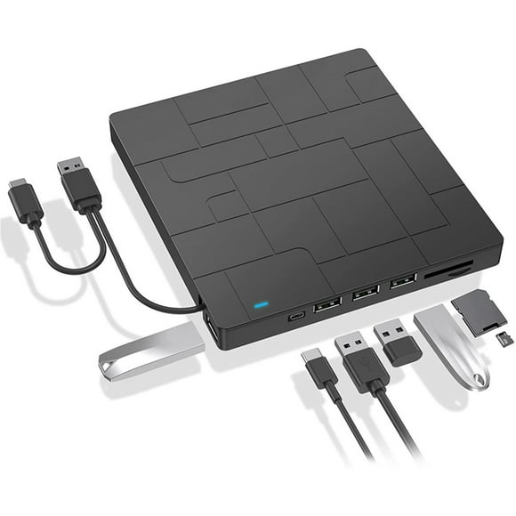 External DVD Optical Drive, USB 3.0 Type-C DVD Player with 4 USB Ports and SD Card Reader, Portable Disk Drive, Compatible Laptop Desktop PC Windows MacBook Mac Linux/OS