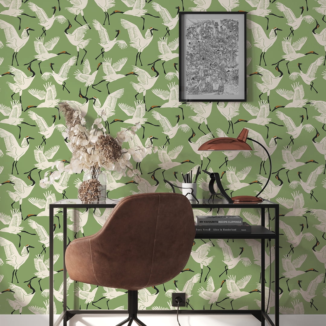 Tempaper x Novogratz Family of Cranes Green Peel and Stick Wallpaper, 20.5" x 16.5'
