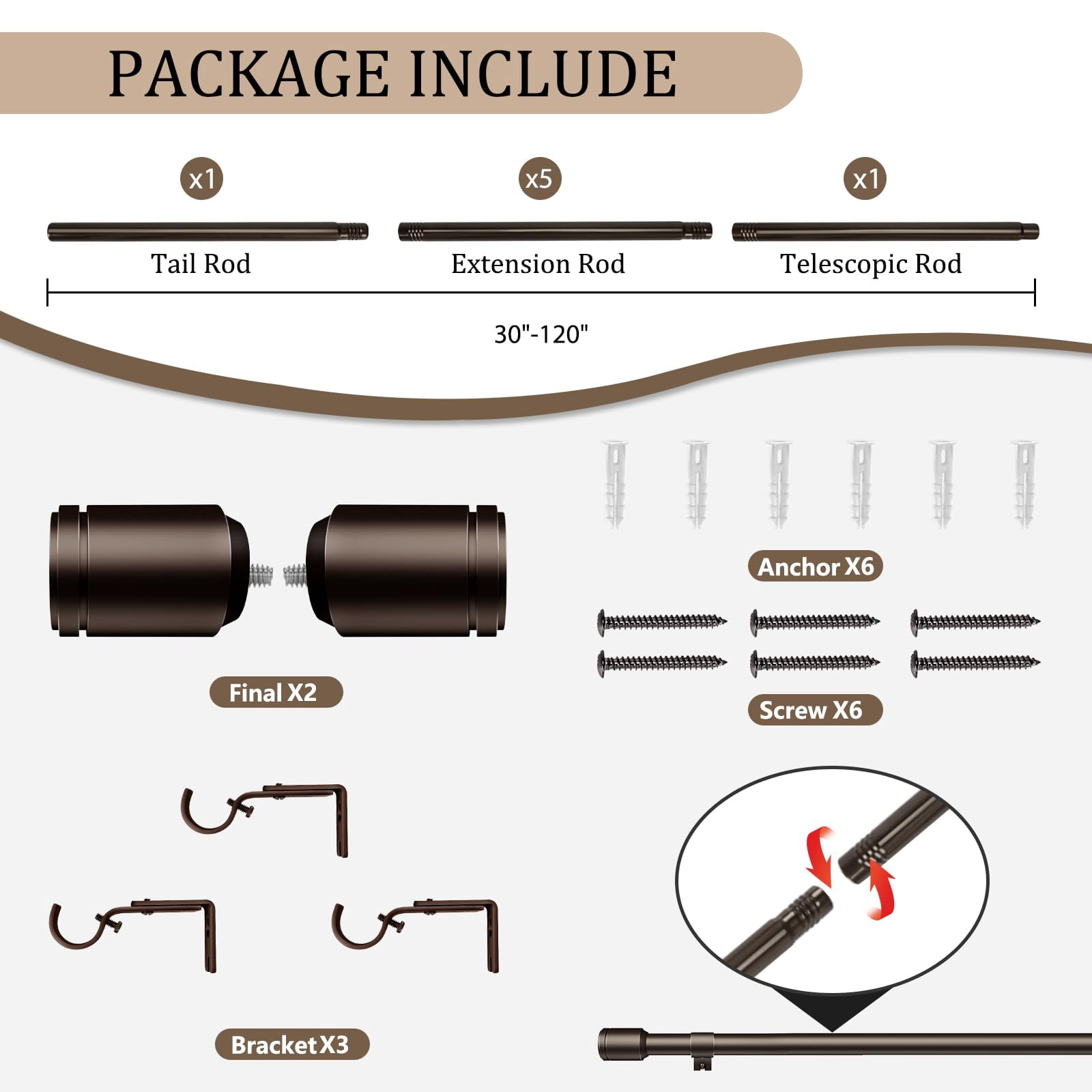 1" Diameter Bronze Curtain Rods For Windows  1 Pack 30-120 Inch Heavy Duty Window Long Adjustable Rod Fits Most Standard Suitable Bedroom Living Room Farmhouse