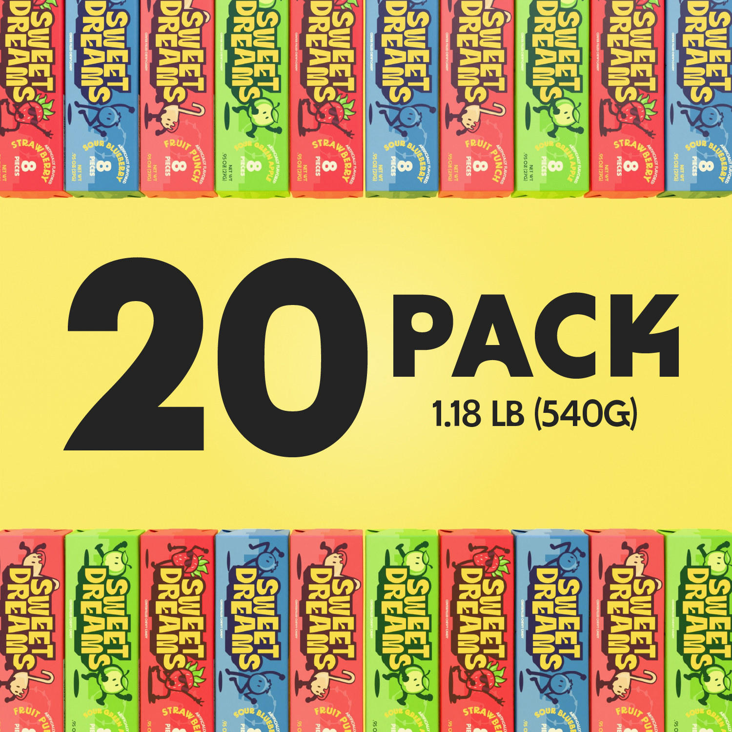 Sweet Dreams Soft Center-Filled Chewy Candy Variety Pack - 4 Boxes, 80 Sticks, 640 Pieces - Assorted Fruity Flavors - Gluten-Free Candy Sticks - Sweet & Sour Candy for Kids and Adults