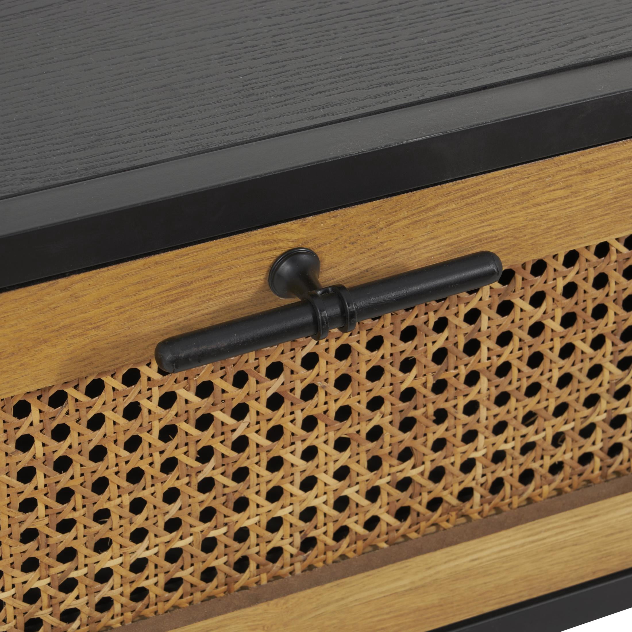 DecMode 47" x 18" Black Wooden Handmade 2 Drawer Coffee Table with Rattan Drawer Fronts, 1-Piece