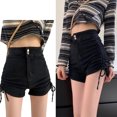 thumbnail image 2 of Pantalones cortos de mezclilla de moda de cintura alta ajustados con cordón lateral para mujer pantalones cortos casuales para primavera verano negro L, 2 of 8