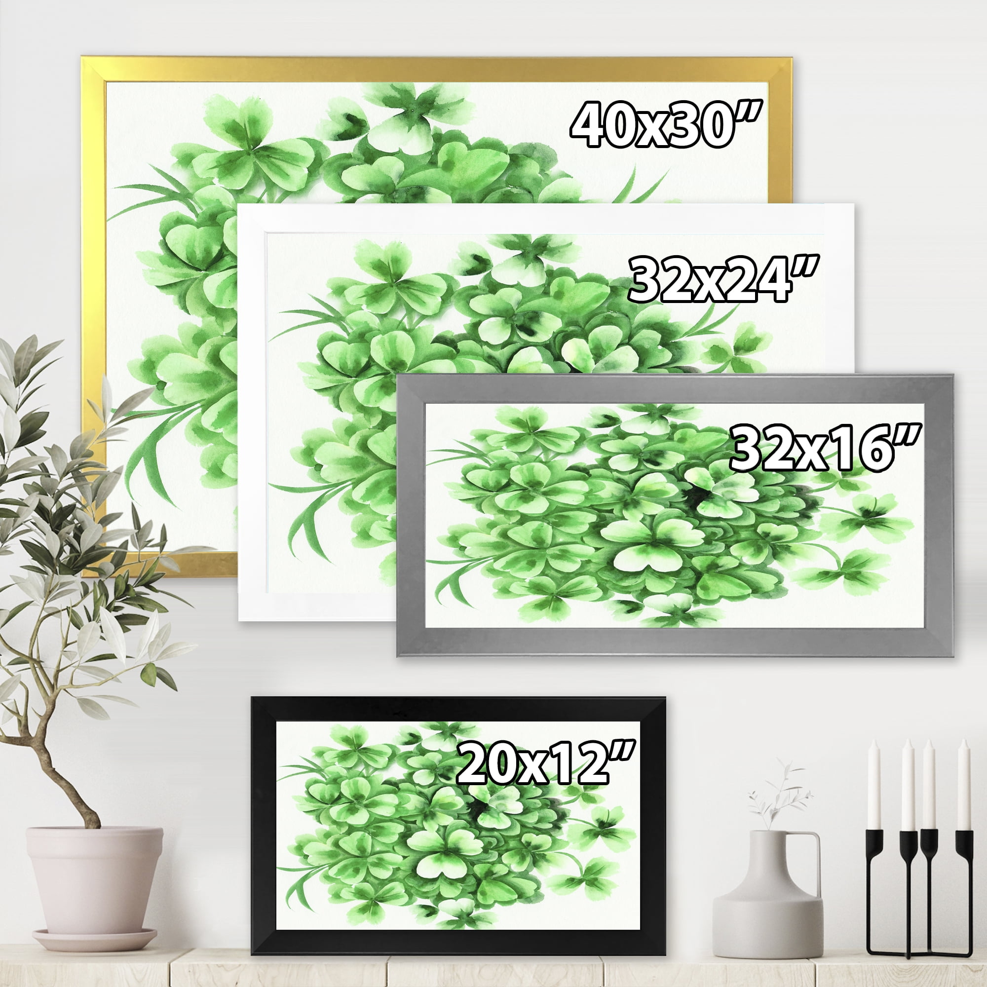 Designart 'Green Vintage Leaves of Shamrock' Traditional Framed Art Print
