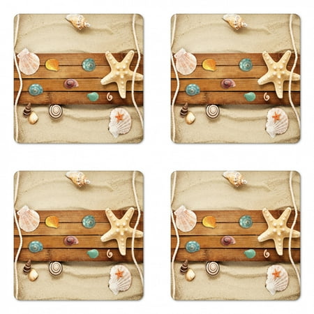 

Beach Coaster Set of 4 Rustic Board Seashells on Sand Colorful Composition with Summer Season Elements Square Hardboard Gloss Coasters Standard Size Multicolor by Ambesonne
