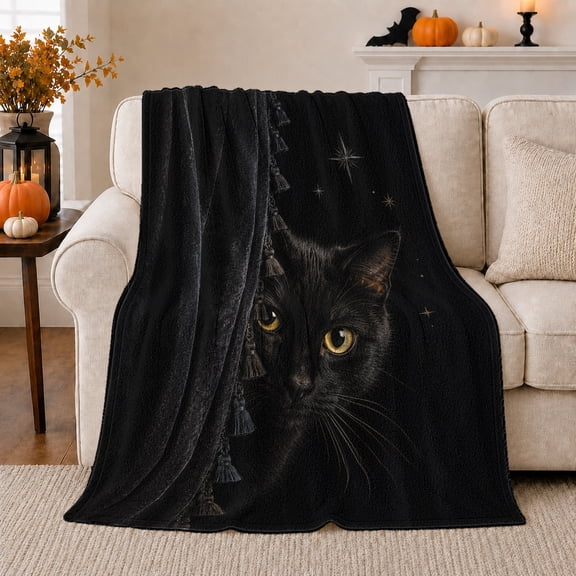 Mystical Black Cat Gold Stars Halloween, Mystical Pet Portrait Pattern, Warm Flannel Blanket for Living Room and Bedroom, Cat Lovers Halloween Gift, Pet Lover Home Decor