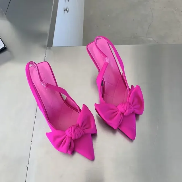Zapatos de tacón fino con nudo de mariposa para mujer, calzado de vestir Sexy, punta estrecha, tacones altos, novedad de verano 2024
