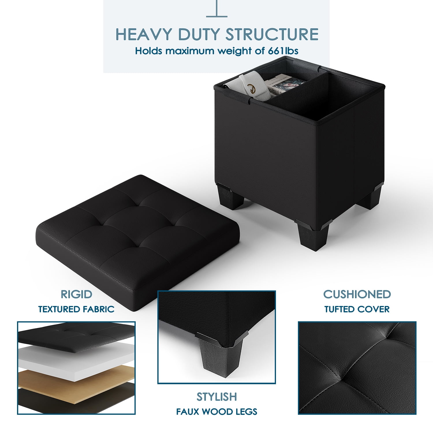 StorageBud Ottoman with Storage Bench, 15-inch Foot Stool Storage Ottoman, Leather, Black