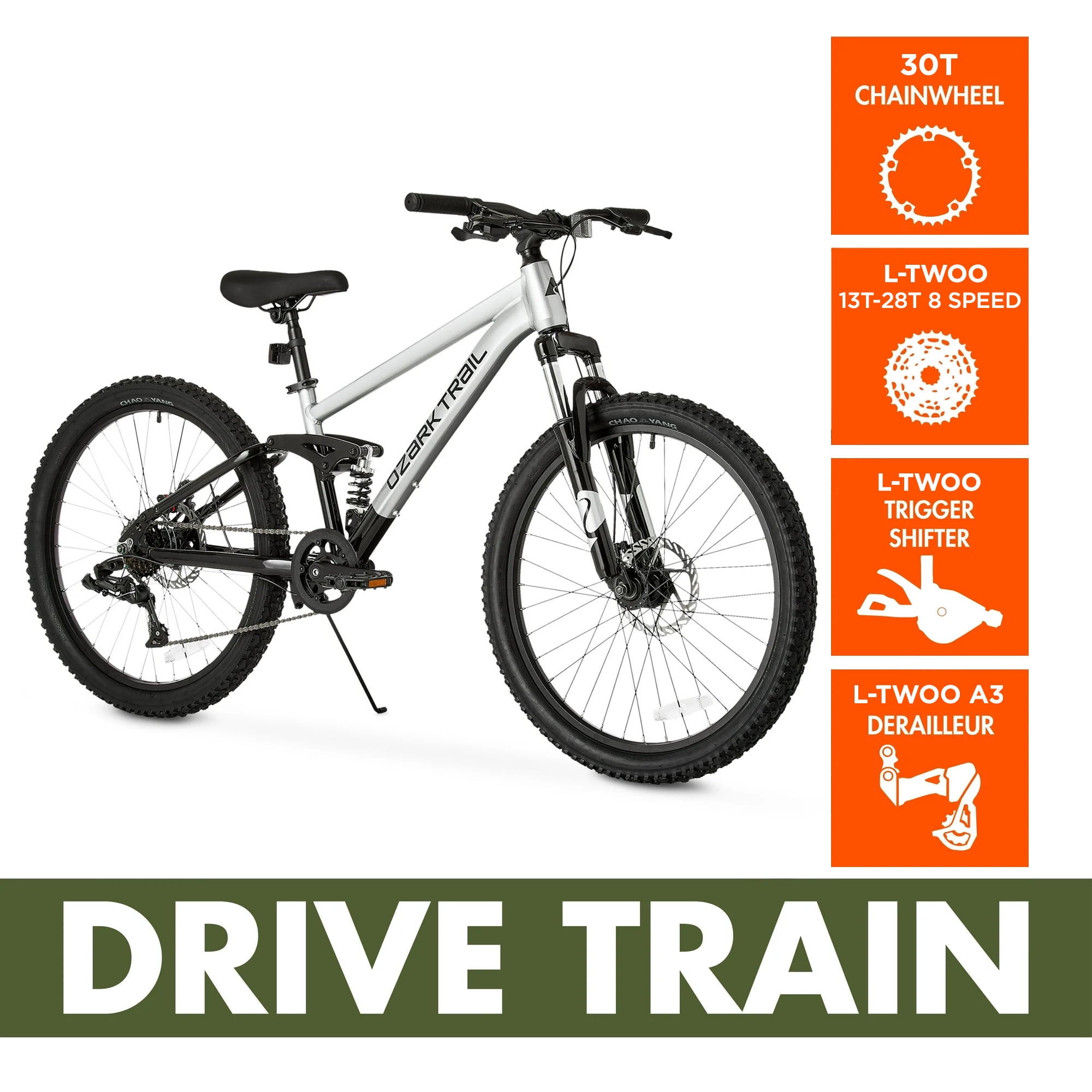 Ozark Trail 24" FS.1 Epictrail Full Suspension Mountain Bike, Fits Riders 4'6" - 5'6", Silver, Teens and Adults, Unisex