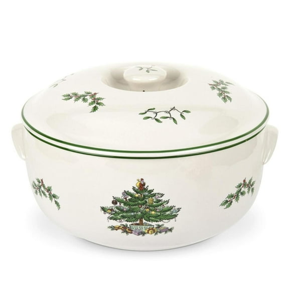 Spode Christmas Tree Round Covered Deep Casserole Dish (8.75" x 5") - Festive Holiday Serveware & Vintage Christmas Table Centerpiece - Fine Earthenware Classic Holiday Bakeware