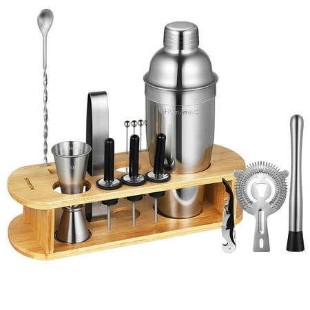 

HOMEMAXS 17PCS/set Cocktail Making Tools Stainless Steel Cocktail Shaker Set with Stand Plus Recipe Professional Bar Set Strainer Muddler Jigger Spoon Ice Tongs Pourer Pick
