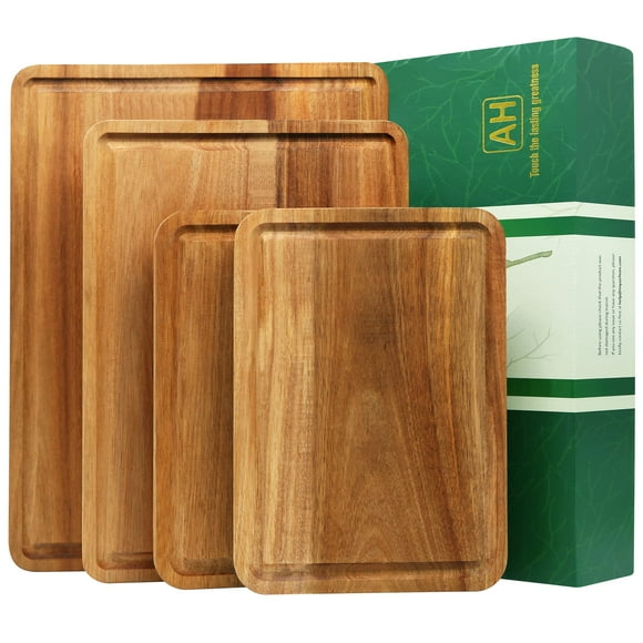 AZRHOM Large Wood Cutting Boards Set of 4 for Kitchen Cheese Charcuterie Board (Gift Box Included) Acacia Butcher Block with Non-slip Mats, Juice Gro