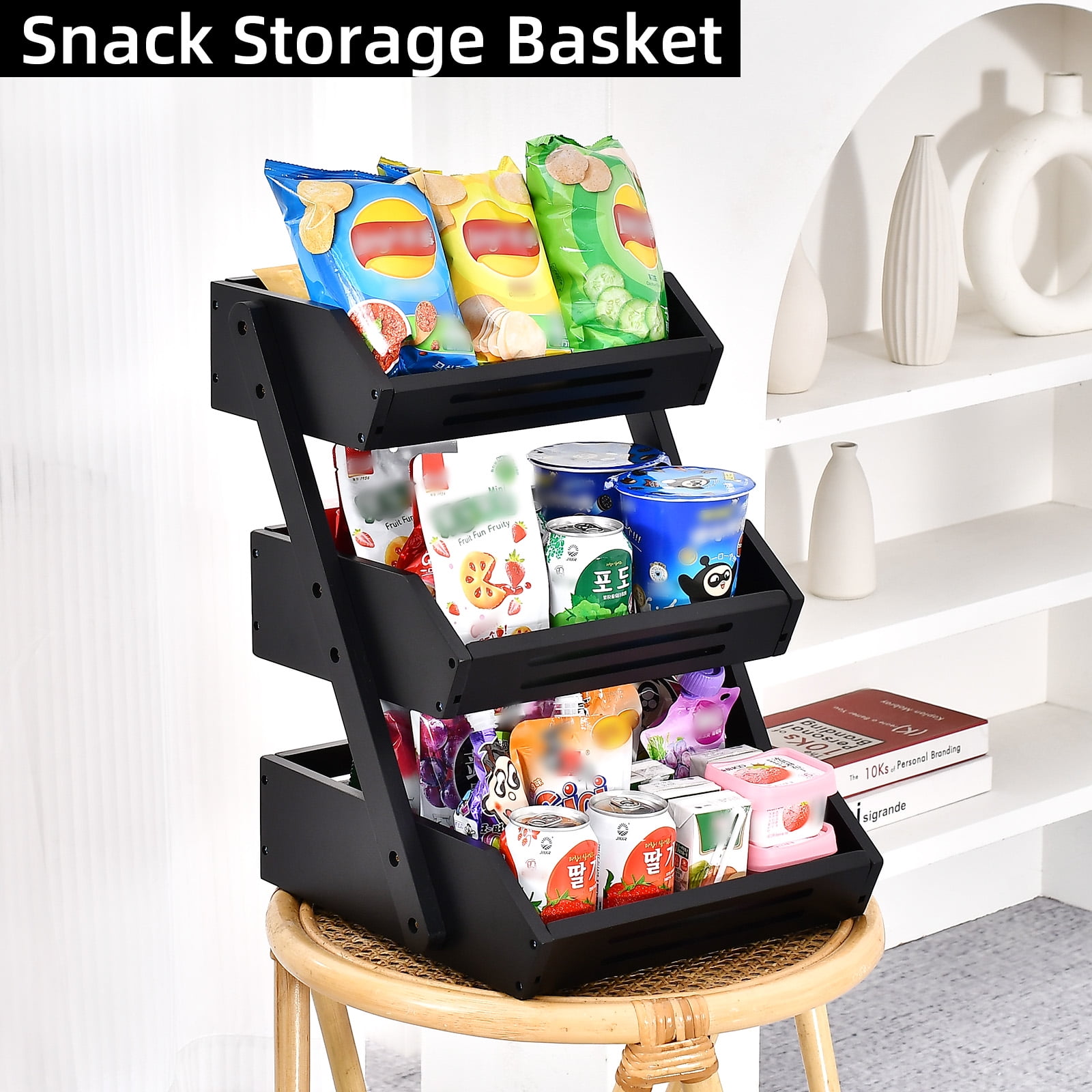 Fruit Basket, 3 Tier Bamboo Fruit Bowl for Kitchen Counter, Fruit Stand Storage Holder for Vegetables and Snack, 15 mm Thickness (Self-Assembly)