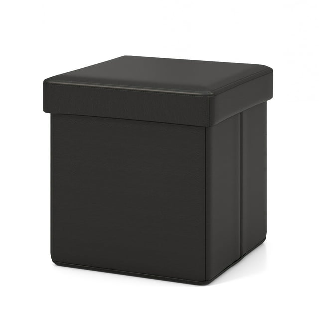 Gymax Folding Storage Ottoman Upholstered Square Footstool PVC Leather 10.5 Gallon Black
