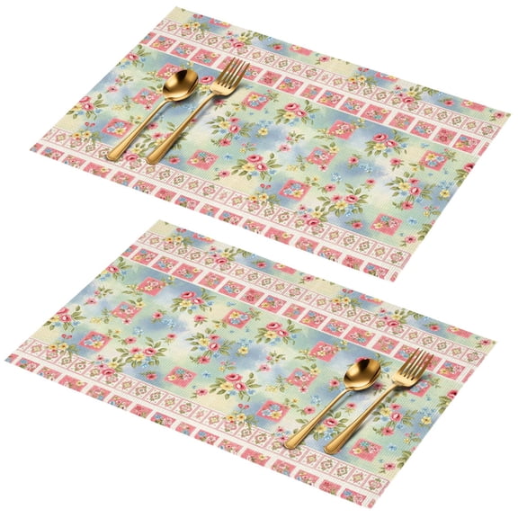 Placemat, Pioneer Flower Floral Print Pattern Place Mats Table Mat Set Of 2, PVC Washable Placemats for Party Kitchen Dining Decoration, 18x12 Inch, Fade Resistant