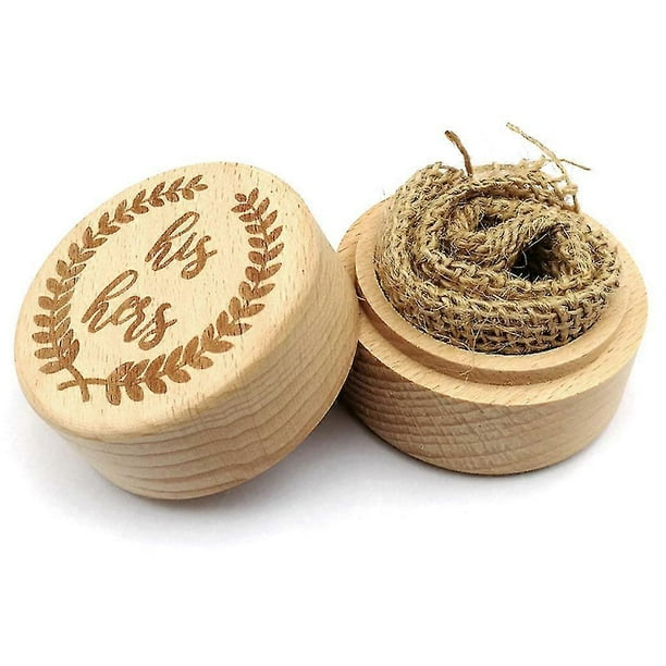 Caja de madera rústica para anillos de boda, grabada, redonda, para guardar anillos de compromiso y exhibir en ceremonias de propuesta.