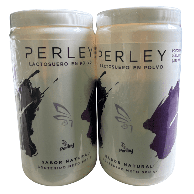 lactosuero en polvo vieley 2 pack perley Dos botes frontales juntos, cada uno blanco con tapa blanca y la marca PERLEY en letras negras; la etiqueta muestra "lactosuero en polvo", "sabor natural" y "contenido neto 500 g"; salpicaduras moradas y logotipo Vieley visibles; a menudo usado como suplemento en recetas para alimentos infantiles bajo supervisión.