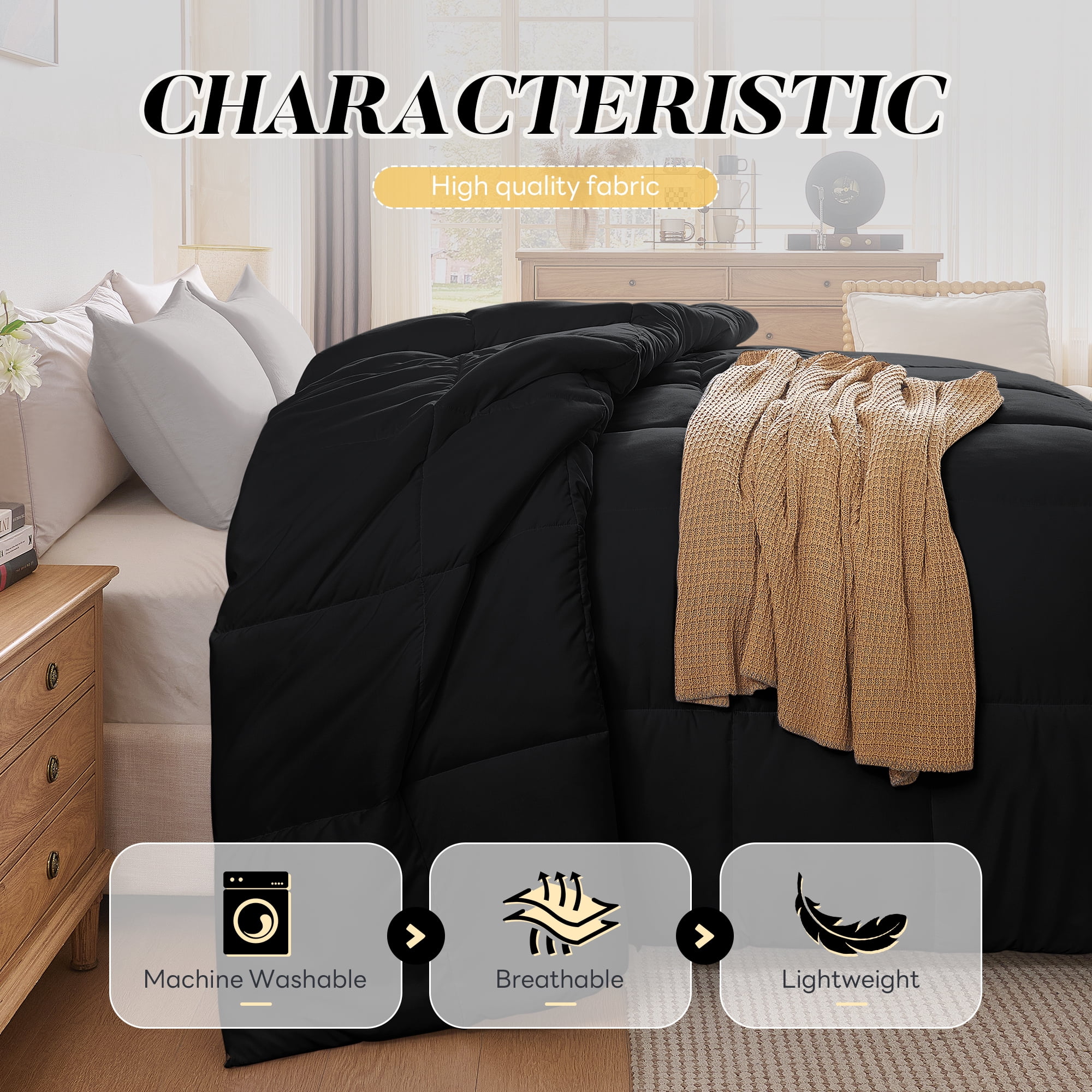 Aquzin Comforter Full Size, All Season Quilted Down Alternative Duvet Insert with Corner Tabs, Machine Washable Microfiber Bedding, Black