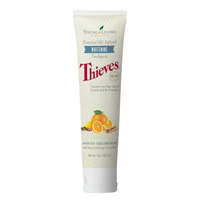 Pasta dental blanqueadora Young Living Thieves, cuidado bucal natural para una sonrisa brillante, fórmula sin flúor, tubo de 4 onzas, ingredientes certificados para dientes frescos y sanos