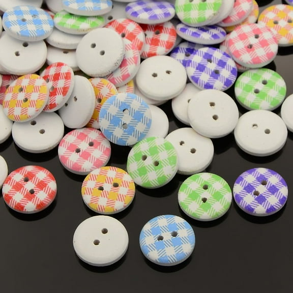 500pcs 2-Hole Flat Round Tartan Pattern Printed Wooden Sewing Buttons Dyed Mixed color 15x4mm Hole: 1mm