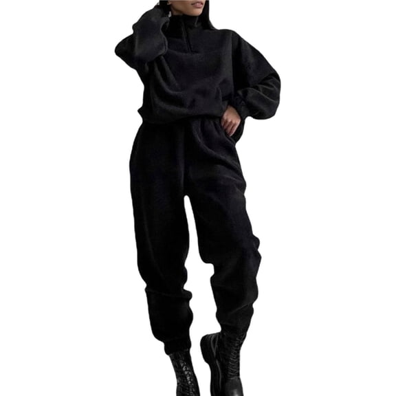 Womens Sweatsuits 2 Piece Outfits Lounge Sets Half Zip Pullover and Baggy Sweatpants with Pockets Black L