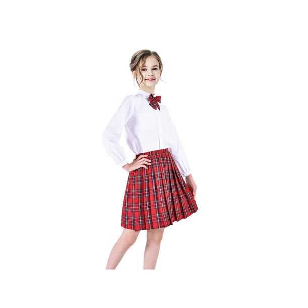 3 Pieces School Uniform Girls White Shirt Skirt Collar Bow Tie 13