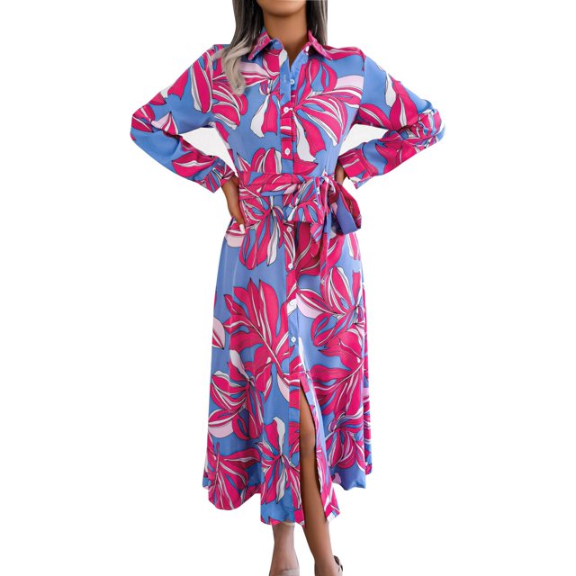 Jupe Longue Imprimée Robe Portefeuille Tempérament Col en V Ceinture Mode Été Femmes Polyester Midi