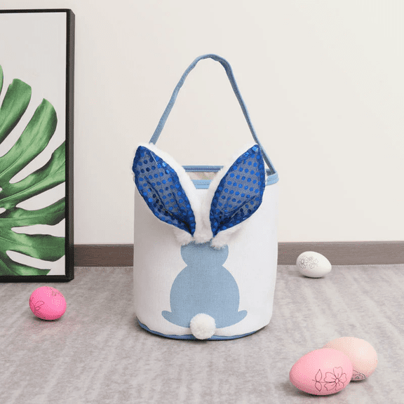 KUAZOU Personalized Easter Basket,Earmouse Easter Bunny Baskets with Lights for Boys and Girls,Large Kids Easter Bucket Tote for Spring Egg Hunts Party Storage-Blue