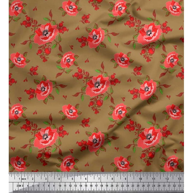 Soimoi polyester Crepe Fabric Leaves & Carnation Floral Printed Fabric 1 Yard 52 Inch Wide