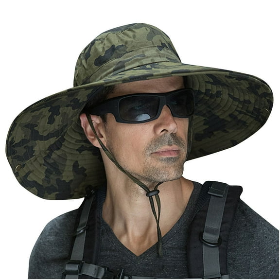 ZQUUVOU Men's Wide Brim Sun Hat Outdoor Fishing Camouflage Hiking Fishing UV Protection Bucket Hat for Summer Olive Green