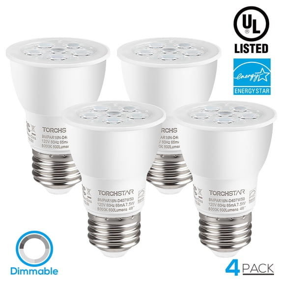 4 pack Dimmable 7.5W LED PAR16 Bulb, 75W Eqv. Spotlight PAR16 Light Bulb, 5000K Daylight