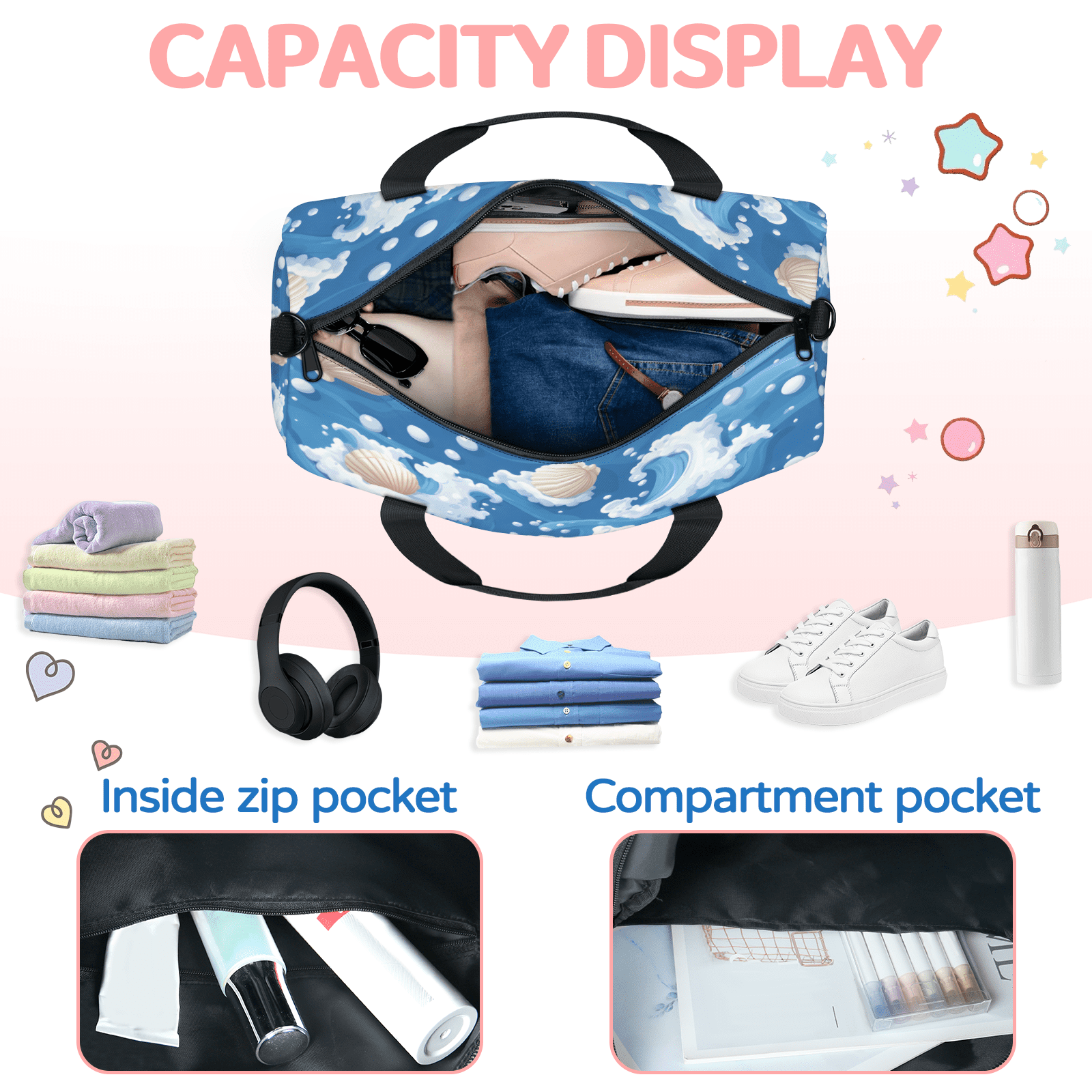 Herdesigns Tropical Seashell Gym Bag for Women, Duffle Bag for Travel Sport, Beach Lightweight Waterproof Carry on Weekender Dance Yoga Workout Bags